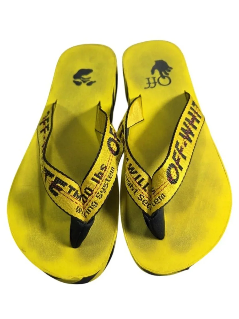 Off White Yellow Black Industrial Logo Caution Flip Flops Sz Mens 9